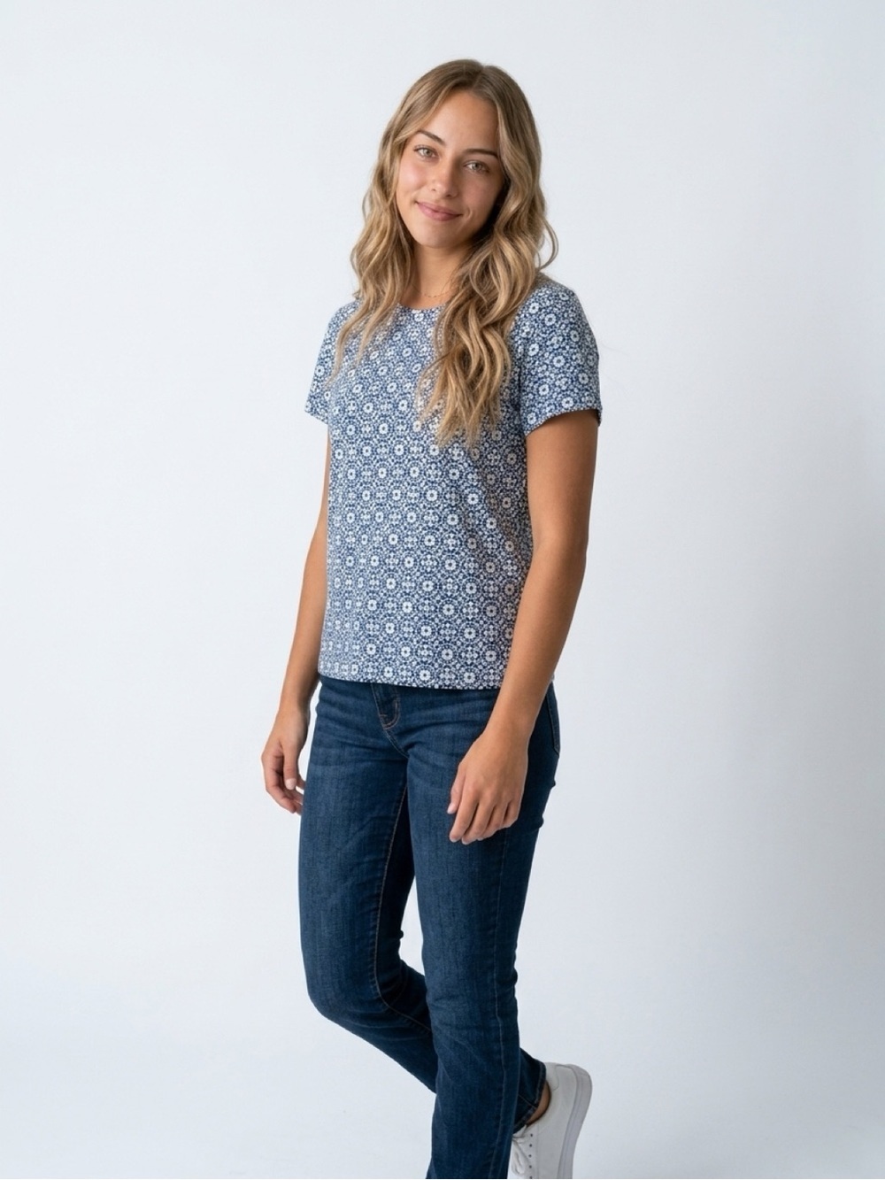 Croft & Barrow Women's Floral Print Tee Blue Short Sleeve Size L